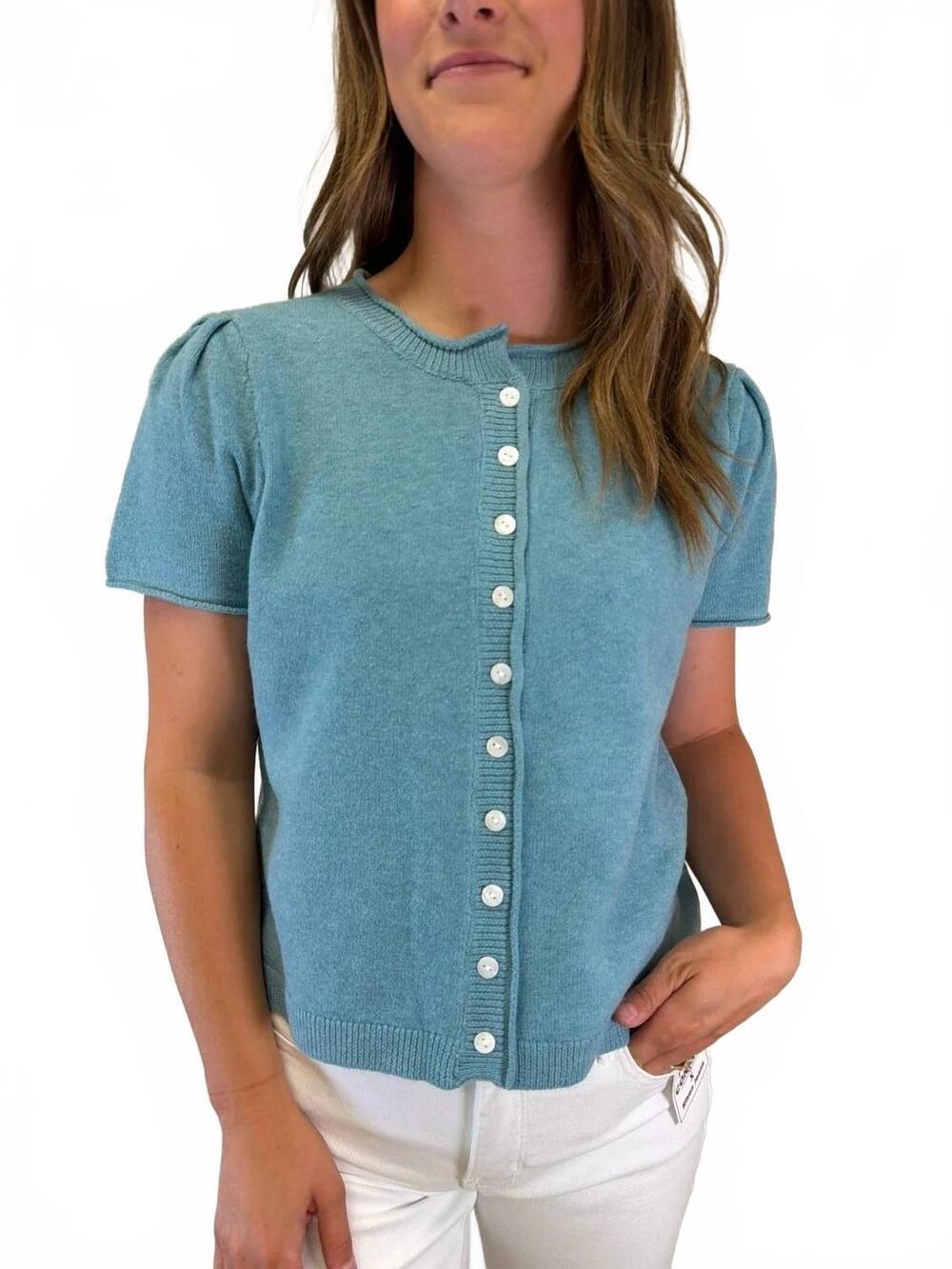 NEW &MERCI short sleeve sweater cardigan in sapphire